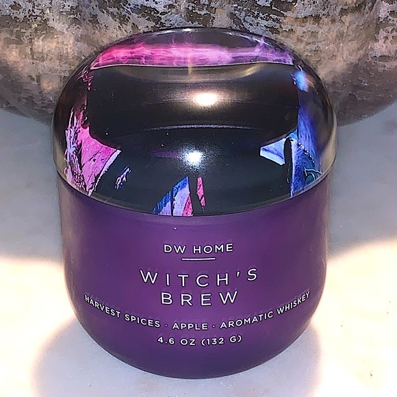 DW HOME CANDLE WITCH’S BREW HARVEST SPICED PURPLE GLASS 1 WICK NEW 4.5 oz MINI - Picture 2 of 6